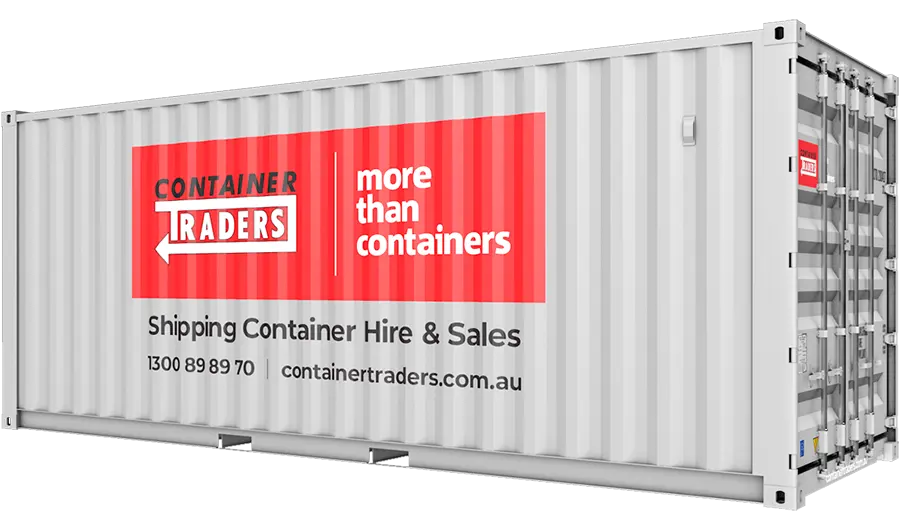 3D model of a light grey branded 20ft Container Traders shipping container displaying text: ‘Shipping container hire & sales’ with phone number 1300 89 89 70, and website. containertraders.com.au