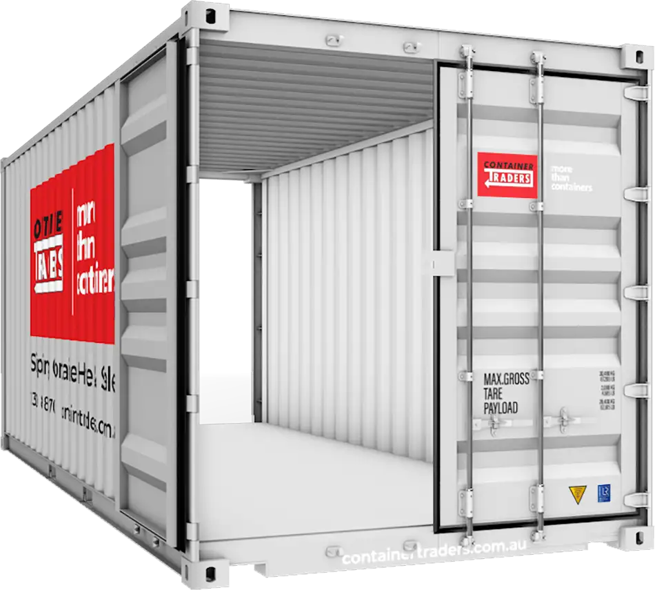 3D model of a branded 20ft Double Door Container Traders shipping container with both doors open on either end.